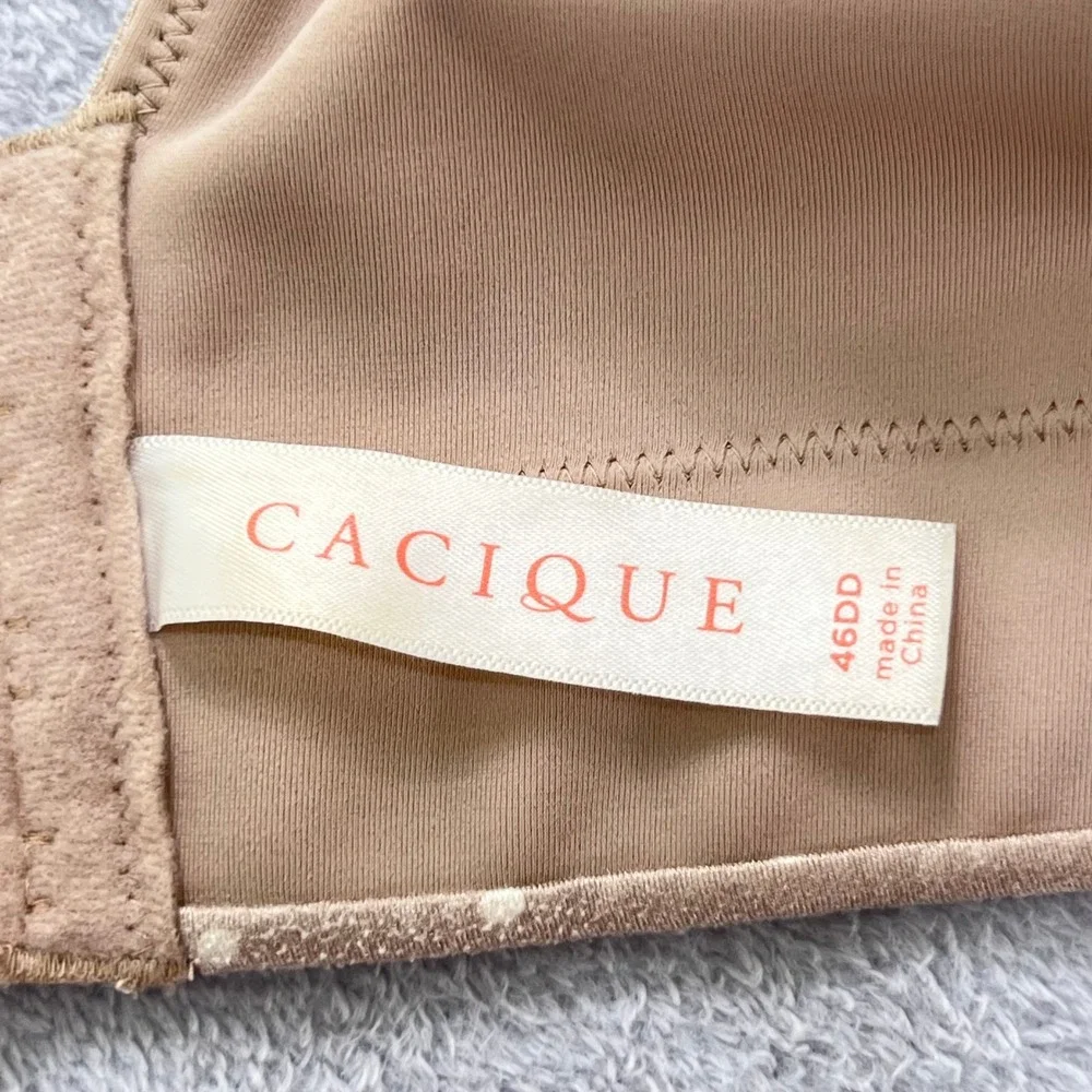Cacique‎ Lane Bryant Smooth Boost Plunge Underwire Bra 46DD Taupe Polka Dot Lace
